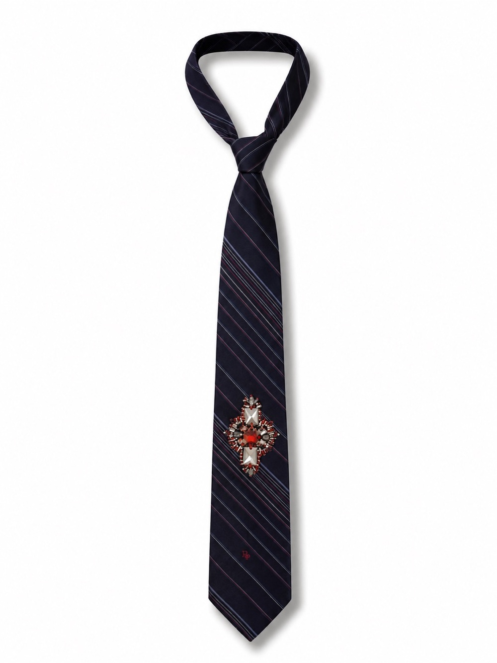 Dior Navy Blue Striped Silk Tie with Jewel Motif - Picture 3 of 8